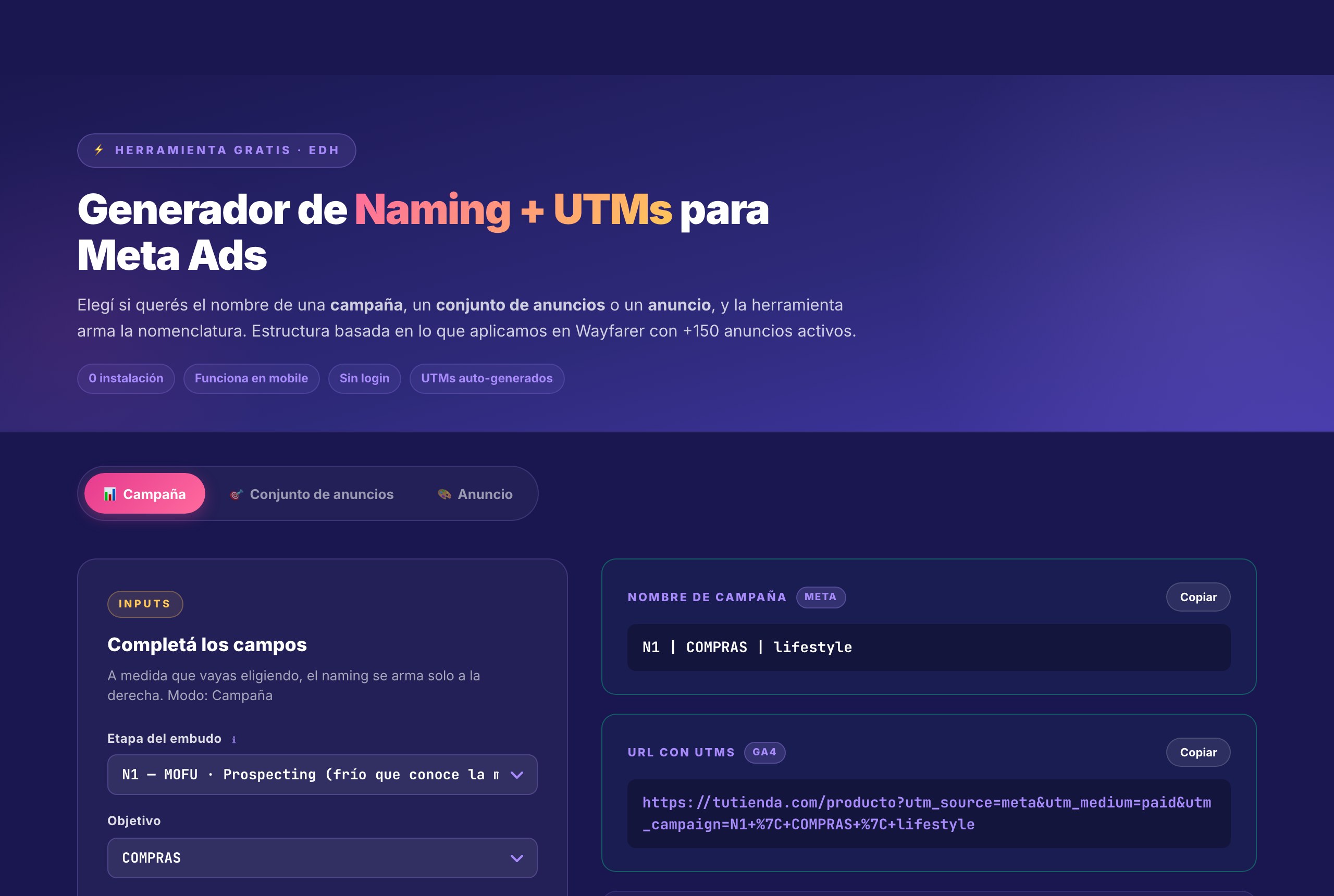 Generador de nomenclatura y UTMs para campañas de Meta Ads
